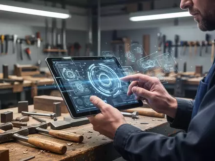 Ein Handwerker nutzt ein Tablet mit digitalen Einblendungen in einer modernen Werkstatt, um KI im Handwerk zu symbolisieren. - Foto: über boerse-global.de