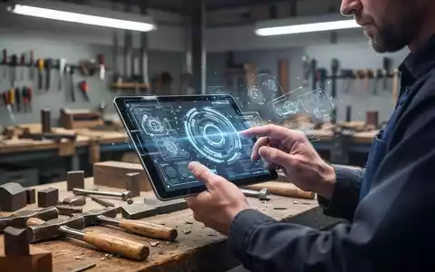 Ein Handwerker nutzt ein Tablet mit digitalen Einblendungen in einer modernen Werkstatt, um KI im Handwerk zu symbolisieren. - Foto: über boerse-global.de
