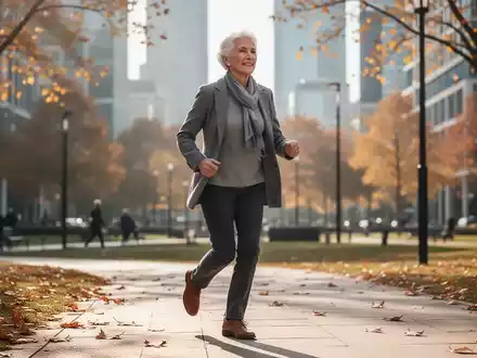 Eine aktive ältere Person geht zügig durch einen sonnigen Park, was die Bedeutung körperlicher Aktivität verdeutlicht. - Foto: über boerse-global.de