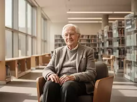 Eine ältere, selbstbewusste Person in einer modernen Bibliothek, die für kognitive Vitalität und persönliches Wachstum steht. - Foto: über boerse-global.de