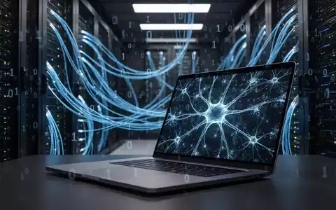 Dunkler Serverraum mit leuchtenden Datenleitungen und einem Laptop, der komplexe neuronale Netzwerkmuster als KI-Cyberbedrohungen zeigt. - Foto: über boerse-global.de