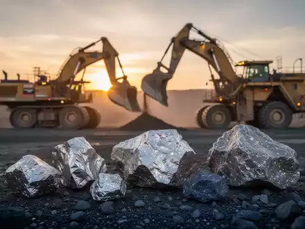 Moderne Bergbauanlage bei Sonnenaufgang mit Erzproben im Vordergrund. - Foto: über boerse-global.de