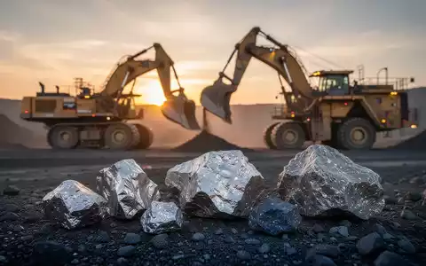Moderne Bergbauanlage bei Sonnenaufgang mit Erzproben im Vordergrund. - Foto: über boerse-global.de