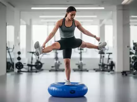 Person beim Gleichgewichtstraining auf einem Balancekissen in einem hellen Fitnessraum - Foto: über boerse-global.de