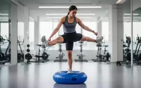 Person beim Gleichgewichtstraining auf einem Balancekissen in einem hellen Fitnessraum - Foto: über boerse-global.de