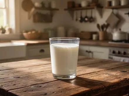 Ein Glas frische Milch steht in einer sonnendurchfluteten, rustikalen Bauernküche auf einem Holztisch. - Foto: über boerse-global.de