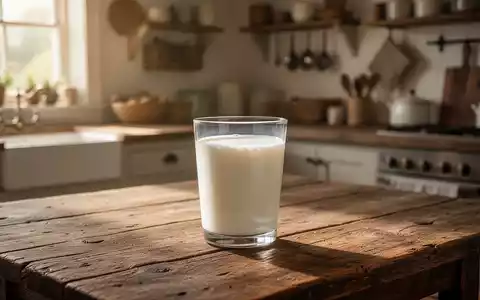 Ein Glas frische Milch steht in einer sonnendurchfluteten, rustikalen Bauernküche auf einem Holztisch. - Foto: über boerse-global.de
