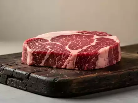 Ein hochwertiges Stück Rindfleisch auf einem rustikalen Holzbrett in einer professionellen Metzgerei. - Foto: über boerse-global.de