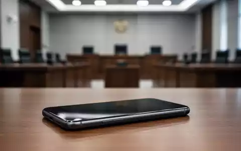 Ein Smartphone liegt auf einem Holztisch vor einem unscharfen Hintergrund, der einen Gerichtssaal andeutet. - Foto: über boerse-global.de