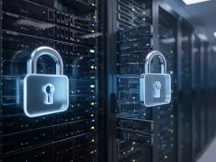 Ein moderner Serverraum mit blauem Licht und einem digitalen Vorhängeschloss als Symbol für Datensicherheit. - Foto: über boerse-global.de