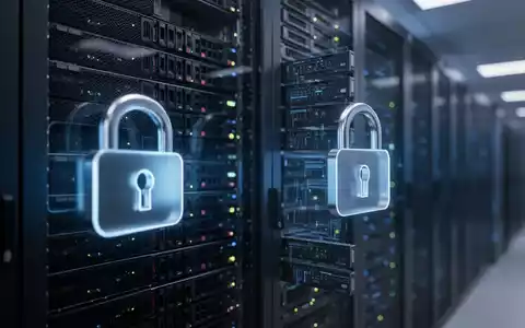 Ein moderner Serverraum mit blauem Licht und einem digitalen Vorhängeschloss als Symbol für Datensicherheit. - Foto: über boerse-global.de