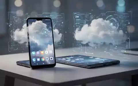 Ein modernes Android-Smartphone auf einem Schreibtisch mit einer digitalen Cloud-Visualisierung im Hintergrund. - Foto: über boerse-global.de