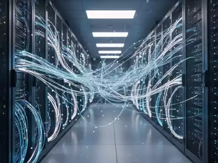 Ein moderner, beleuchteter Serverraum mit Glasfaserkabeln als Symbol für technische Effizienz und Künstliche Intelligenz. - Foto: über boerse-global.de