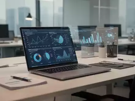 Moderner, organisierter Arbeitsplatz mit Laptop und Datendiagrammen, die künstliche Intelligenz im Büro darstellen. - Foto: über boerse-global.de