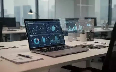Moderner, organisierter Arbeitsplatz mit Laptop und Datendiagrammen, die künstliche Intelligenz im Büro darstellen. - Foto: über boerse-global.de