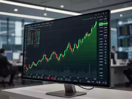 Ein digitaler Aktienkurs-Monitor mit einem steigenden grünen Chart in einem modernen Finanzumfeld. - Foto: über boerse-global.de