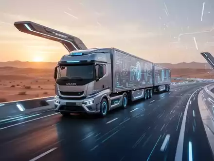 Autonomer Elektro-LKW auf einer modernen Autobahn in der Wüste bei Sonnenuntergang. - Foto: über boerse-global.de