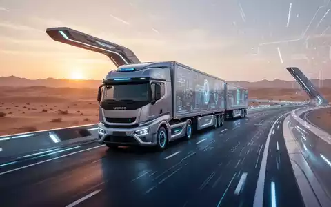 Autonomer Elektro-LKW auf einer modernen Autobahn in der Wüste bei Sonnenuntergang. - Foto: über boerse-global.de