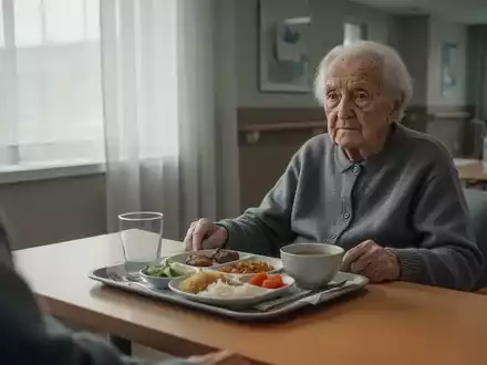 Eine ältere Person sitzt vor einer spärlichen Mahlzeit an einem gedeckten Tisch in einem Pflegeheim. - Foto: über boerse-global.de
