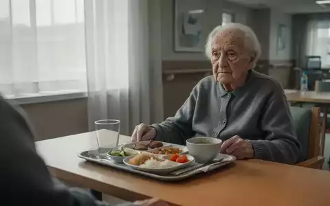 Eine ältere Person sitzt vor einer spärlichen Mahlzeit an einem gedeckten Tisch in einem Pflegeheim. - Foto: über boerse-global.de