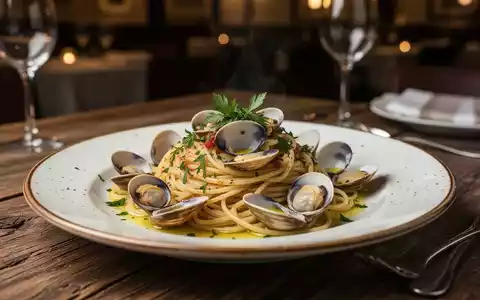 Ein Teller mit Linguine alle Vongole auf einem rustikalen Holztisch in einem italienischen Restaurant. - Foto: über boerse-global.de