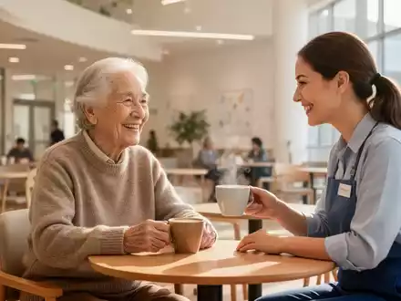 Eine ältere Person lächelt während einer sozialen Begegnung in einem hellen, einladenden Gemeinschaftscafé. - Foto: über boerse-global.de