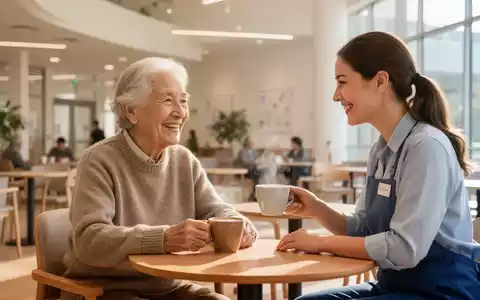 Eine ältere Person lächelt während einer sozialen Begegnung in einem hellen, einladenden Gemeinschaftscafé. - Foto: über boerse-global.de