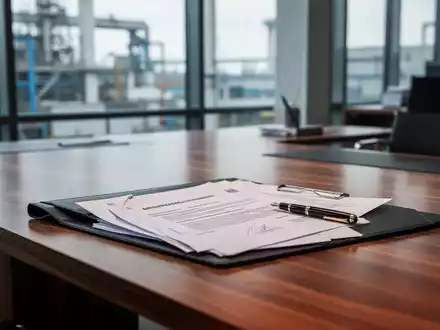 Ein juristischer Aktenordner und ein Füllfederhalter auf einem Schreibtisch in einem modernen Bürogebäude. - Foto: über boerse-global.de