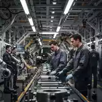 Mercedes-Benz Fabrikhalle mit Mitarbeitern an einer Produktionslinie, Fokus auf industrielle Atmosphäre. - Foto: über boerse-global.de