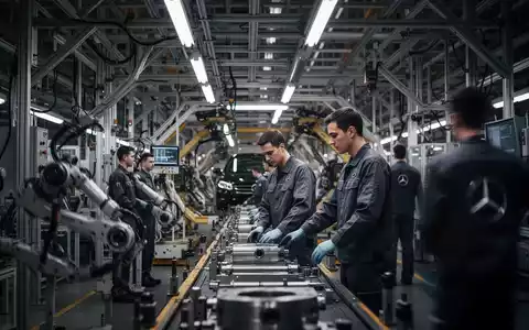 Mercedes-Benz Fabrikhalle mit Mitarbeitern an einer Produktionslinie, Fokus auf industrielle Atmosphäre. - Foto: über boerse-global.de