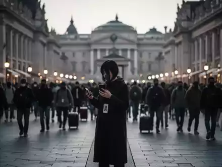 Eine Person steht in einer touristisch überlaufenen Umgebung und blickt auf ihr Smartphone, umgeben von standardisierten Trends. - Foto: über boerse-global.de