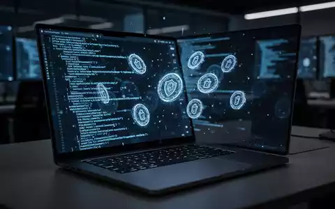 Ein beleuchteter Laptop in einem dunklen Cybersicherheits-Kontrollzentrum zeigt abstrakte Authentifizierungscodes. - Foto: über boerse-global.de