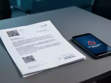 Ein physischer Brief mit QR-Code auf einem Schreibtisch neben einem Smartphone, das einen digitalen Sicherheitsalarm anzeigt. - Foto: über boerse-global.de