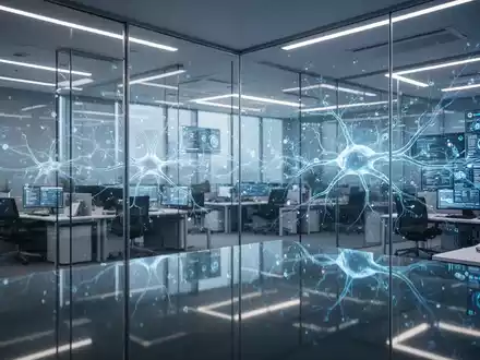 Moderne Büroarchitektur mit digitalen Netzwerken und KI-Visualisierungen als Symbol für die technologische Integration. - Foto: über boerse-global.de