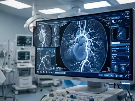 Ein medizinischer Monitor zeigt eine Koronarangiographie in einem modernen Herzkatheterlabor. - Foto: über boerse-global.de