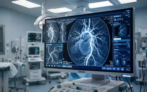 Ein medizinischer Monitor zeigt eine Koronarangiographie in einem modernen Herzkatheterlabor. - Foto: über boerse-global.de