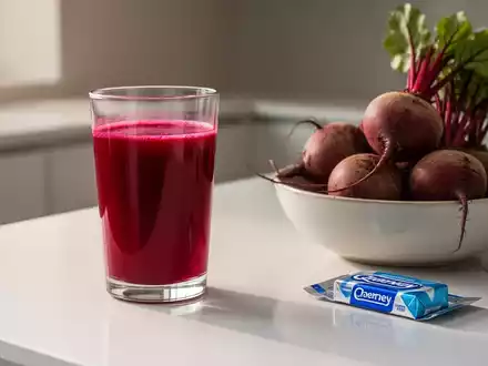 Ein Glas Rote-Bete-Saft neben frischen Roten Beten und einer Packung Kaugummi auf einer modernen Küchenoberfläche. - Foto: über boerse-global.de