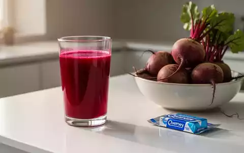 Ein Glas Rote-Bete-Saft neben frischen Roten Beten und einer Packung Kaugummi auf einer modernen Küchenoberfläche. - Foto: über boerse-global.de