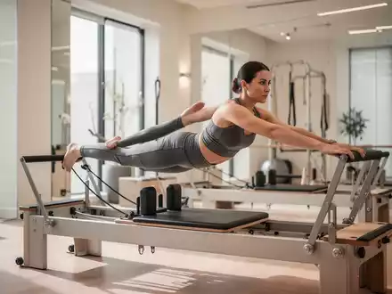 Person beim konzentrierten Pilates-Training an einem Reformer-Gerät in einem hellen, modernen Studio. - Foto: über boerse-global.de