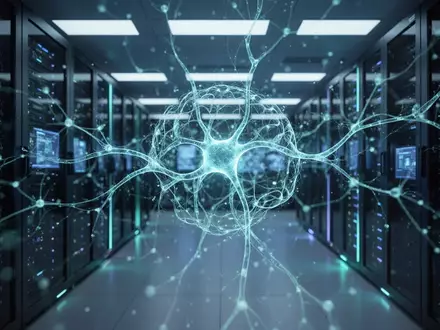 Abstrakte digitale Darstellung eines neuronalen Netzwerks in einem modernen Rechenzentrum als Symbol für KI-Cybersicherheit. - Foto: über boerse-global.de