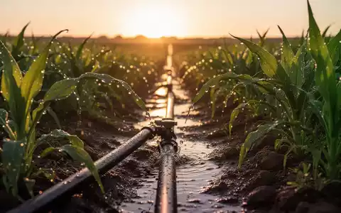 Modernes Tröpfchenbewässerungssystem auf einem Feld bei Sonnenuntergang mit Fokus auf feuchte Erde und grüne Pflanzen. - Foto: über boerse-global.de