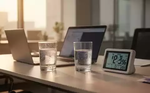 Modernes Büro bei Hitze mit einem digitalen Thermometer auf dem Schreibtisch neben einem Glas Wasser. - Foto: über boerse-global.de