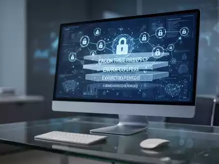 Ein moderner Arbeitsplatz mit einem digitalen Interface, das abstrakte Datenschutz-Knotenpunkte und Verschlüsselung zeigt. - Foto: über boerse-global.de