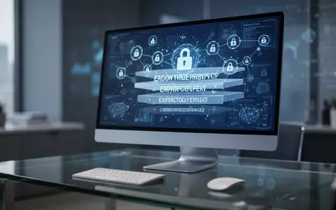 Ein moderner Arbeitsplatz mit einem digitalen Interface, das abstrakte Datenschutz-Knotenpunkte und Verschlüsselung zeigt. - Foto: über boerse-global.de