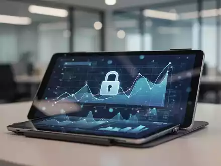 Digitales Tablet mit Datenanalysen und Sicherheitssymbol in einer modernen Büroumgebung als Symbol für Datenschutz. - Foto: über boerse-global.de