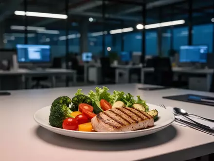 Gesunde, leichte Mahlzeit mit Gemüse und Proteinen an einem Arbeitsplatz bei Nacht. - Foto: über boerse-global.de