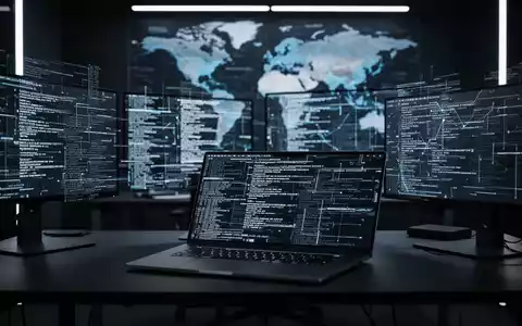 Ein moderner, dunkler Arbeitsplatz mit Laptops und Bildschirmen, auf denen digitaler Code zu sehen ist. - Foto: über boerse-global.de