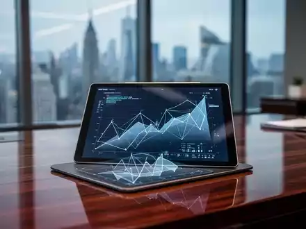 Ein moderner Schreibtisch mit einem Tablet, das Finanzdiagramme anzeigt, vor einem verschwommenen Hintergrund einer Skyline. - Foto: über boerse-global.de