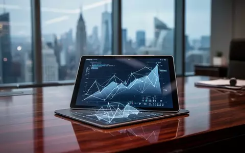 Ein moderner Schreibtisch mit einem Tablet, das Finanzdiagramme anzeigt, vor einem verschwommenen Hintergrund einer Skyline. - Foto: über boerse-global.de