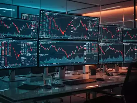 Finanzmarkt-Charts auf Computermonitoren mit fallenden Aktienkursen in einem modernen Büro. - Foto: über boerse-global.de